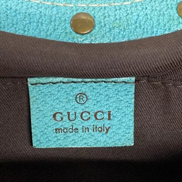 GUCCI GG/Bamboo Beige Light Blue Jacquard Leather Handbag 525-060625